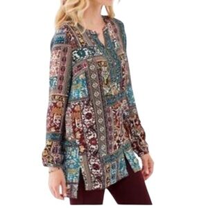 J. Jill Classic Patchwork Button Front Long Sleeve Tunic Top XL Burgundy Green